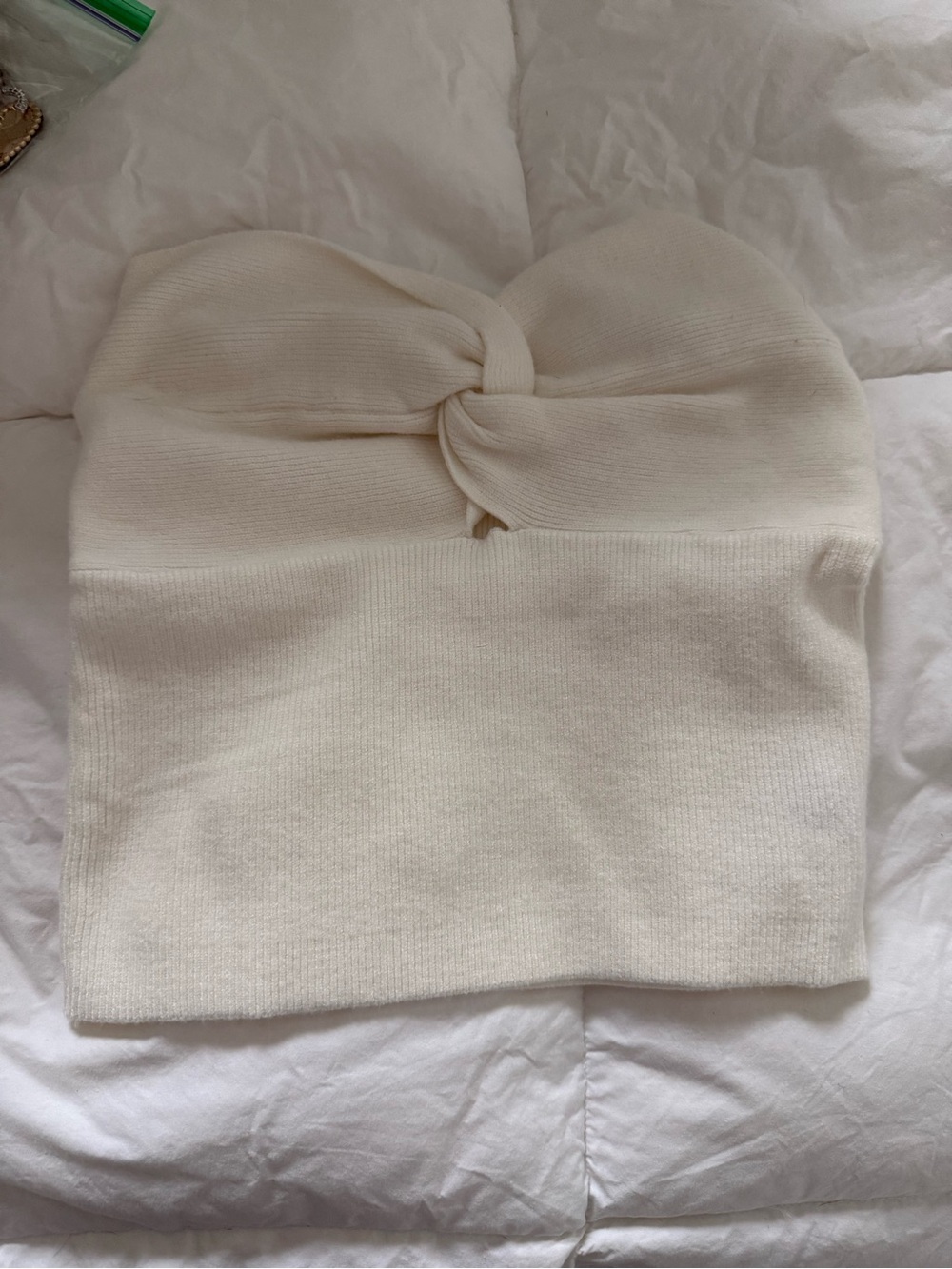 Strapless Twist-Front Cream Knit Crop Top